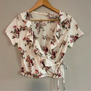 Mind Code Cream and Red Wrap cropped Ruffled Blouse